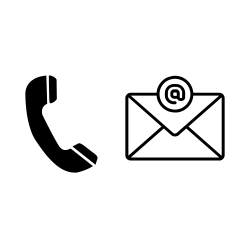 wo black icons on a white background; one of a telephone handset and the other of an envelope with an ‘@’ symbol, representing contact via phone or email.