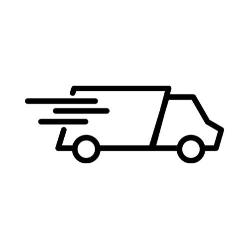 A black outline icon of a delivery truck in motion, indicated by speed lines.