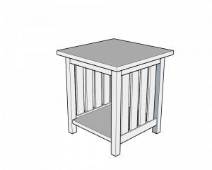 3D-rendered image of a handcrafted wooden side table with a square top, four straight legs, and a lower shelf framed by vertical slats. The design is clean and functional, showcasing traditional joinery and minimalist elegance—ideal for living rooms or bedside use.