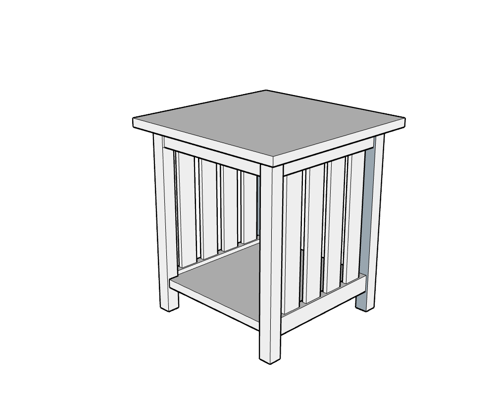 3D-rendered image of a handcrafted wooden side table with a square top, four straight legs, and a lower shelf framed by vertical slats. The design is clean and functional, showcasing traditional joinery and minimalist elegance—ideal for living rooms or bedside use.