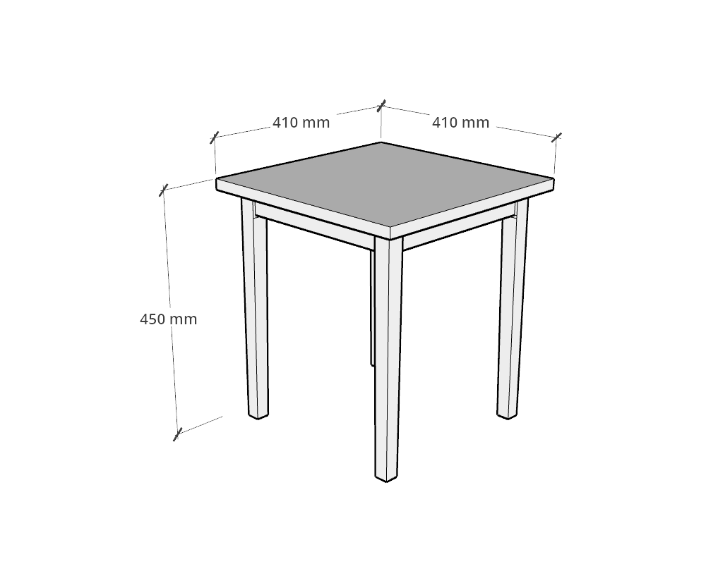3D illustration of a small square table with labeled dimensions. The tabletop measures 410 mm in both length and width, and the overall height from the ground to the top surface is 450 mm. The table has four straight legs and a simple, minimalist design.