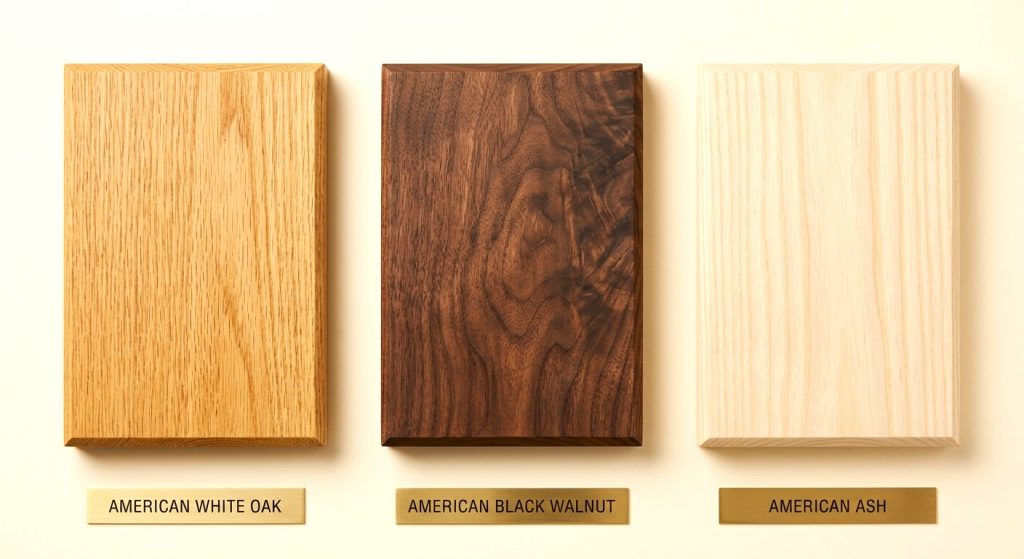 Three rectangular wood samples arranged side-by-side against a cream background, each labeled with a brass plaque underneath. From left to right: a light-brown American White Oak sample with straight grain, a rich dark-brown American Black Walnut sample with swirling grain patterns, and a pale cream-colored American Ash sample.